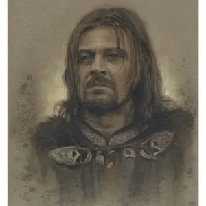 A portrait of a man with long hair and a beard, the Boromir Antique Art Print - The Lord of the Rings.