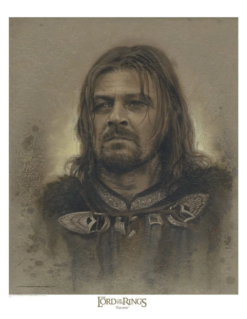 A portrait of a man with long hair and a beard, the Boromir Antique Art Print - The Lord of the Rings.