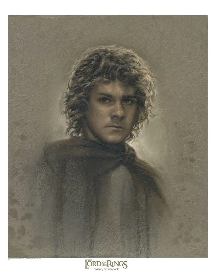 A portrait of Merry Brandybuck on a brown paper.