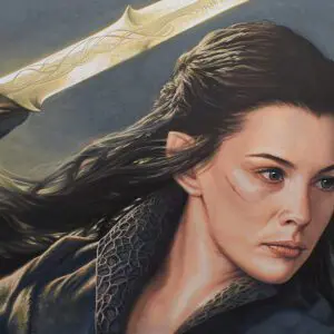 An Arwen painting of a woman holding a sword.