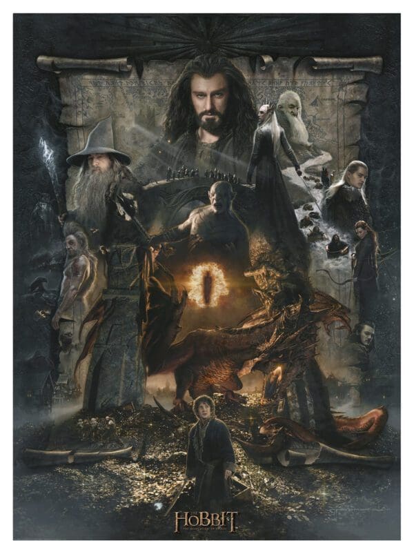 A poster of the hobbit with characters from the movie.