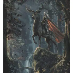 A painting of a man riding on the back of a deer.