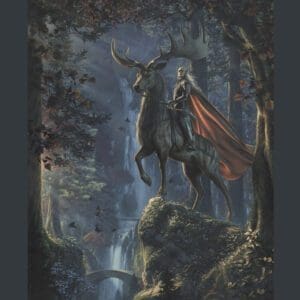 A Thranduil: King of the Woodland Realm CANVAS GICLEE of a man riding a deer in a forest.