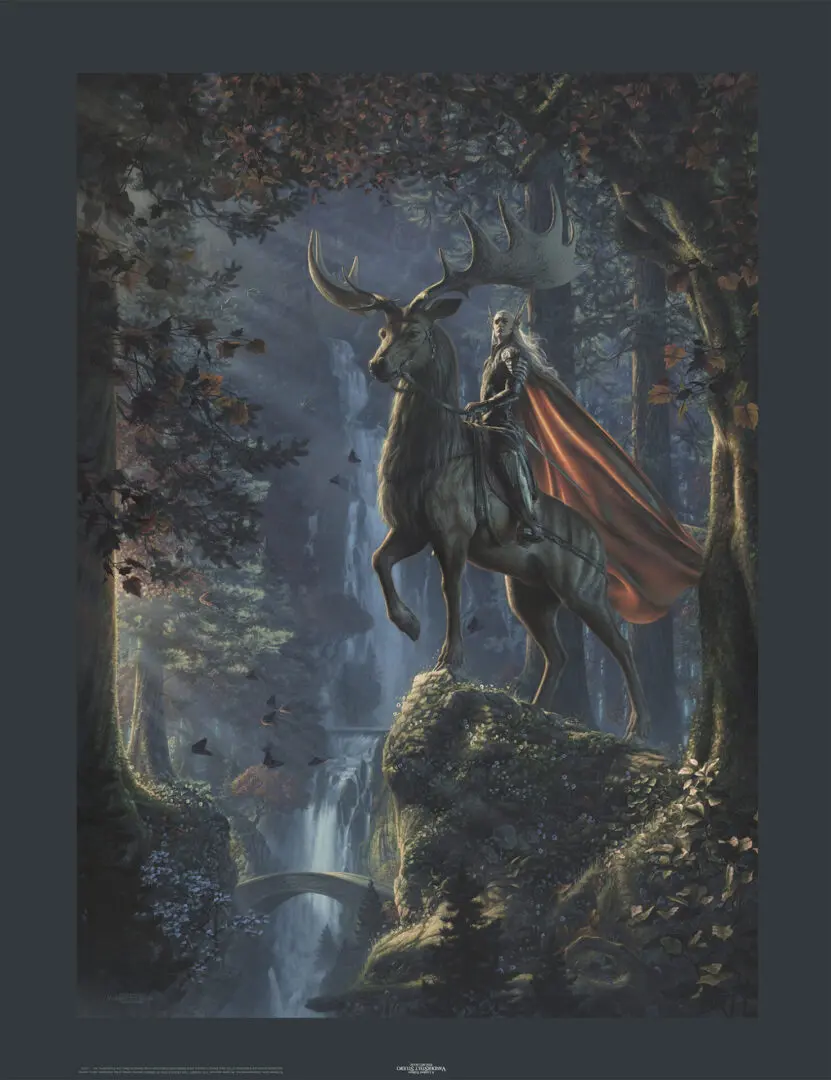 A Thranduil: King of the Woodland Realm CANVAS GICLEE of a man riding a deer in a forest.