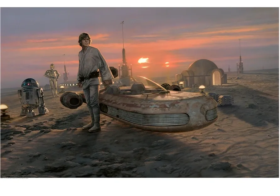 A man is standing next to a star wars vehicle.