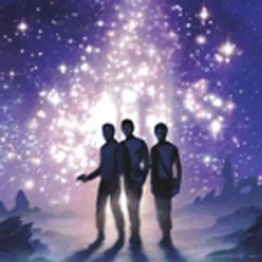 The cover of a book with three men standing in front of a starry sky.