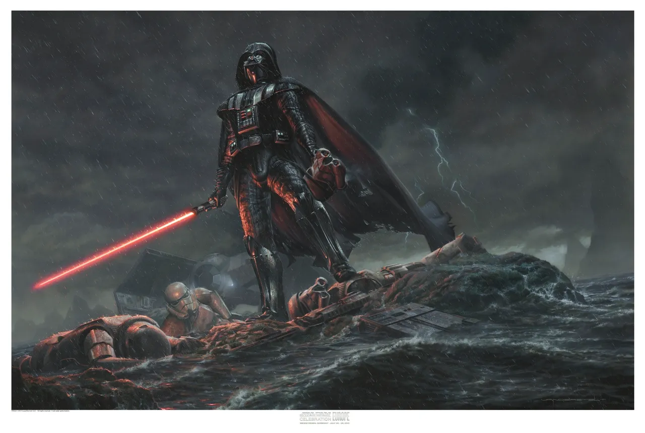 Darth vader standing on a rock in the storm.
