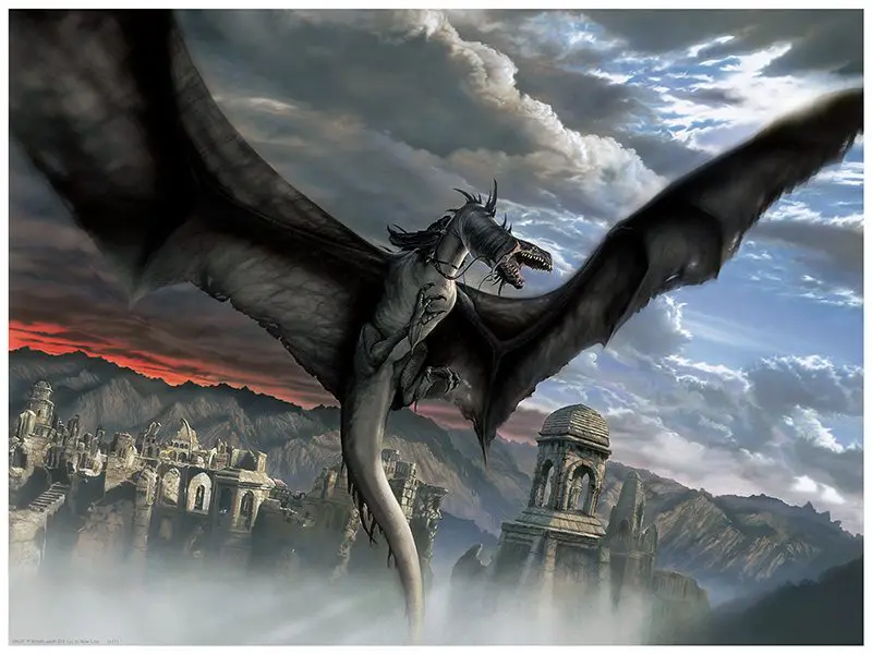 A painting of a dragon flying over a city.