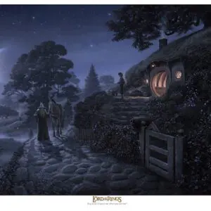 A painting of a hobbit house at night.