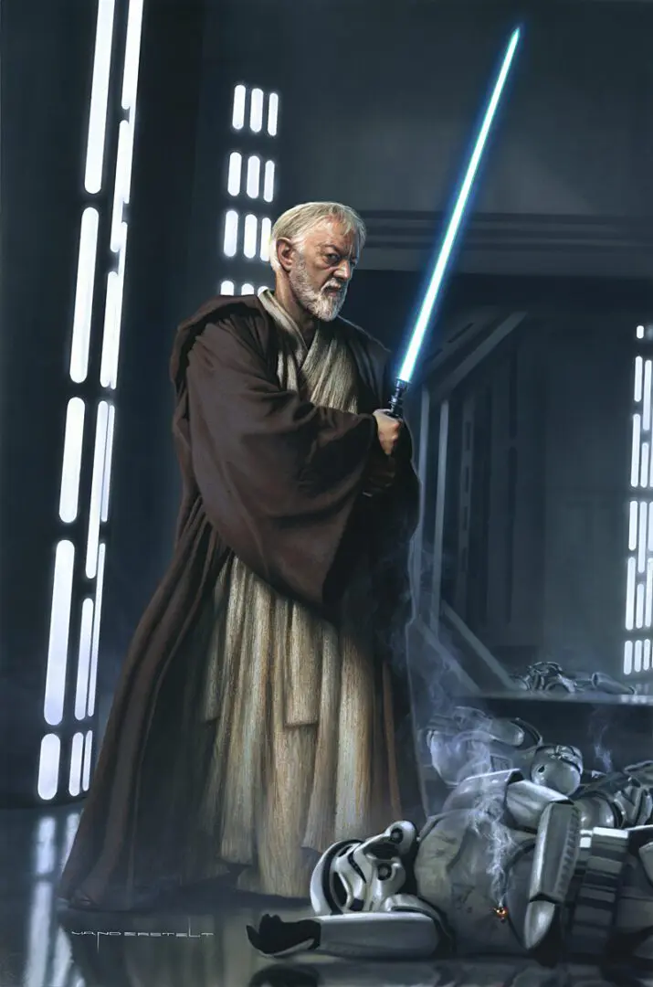 A painting of an old man holding a light saber.