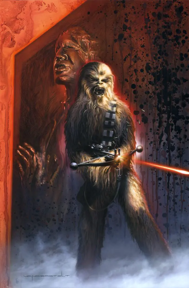 A painting of chewbacca and darth maul in the dark.