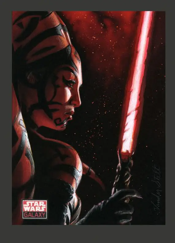 A painting of darth maul holding a red lightsaber.
