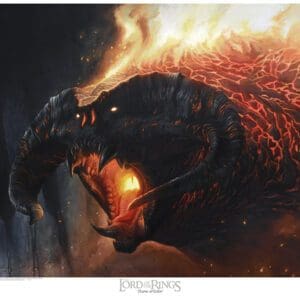 A painting of a fire breathing dragon with flames coming out.
