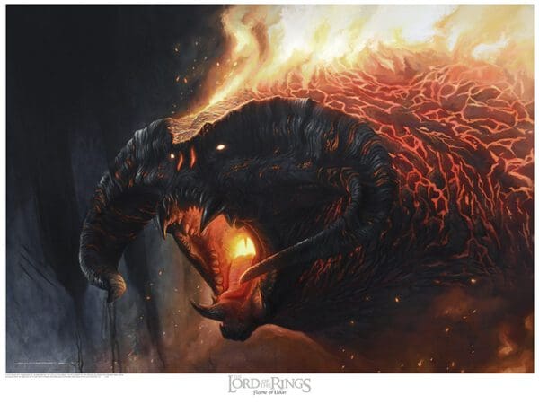 A painting of a fire breathing dragon with flames coming out.