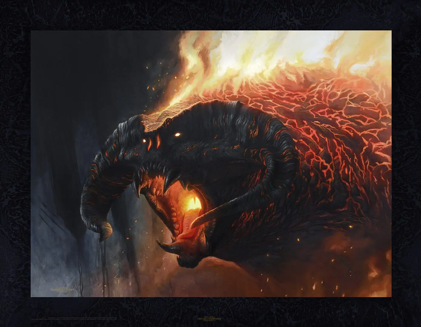 A painting of an evil looking creature with flames coming from it.