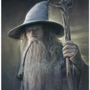 A painting of gandalf the grey holding a staff.