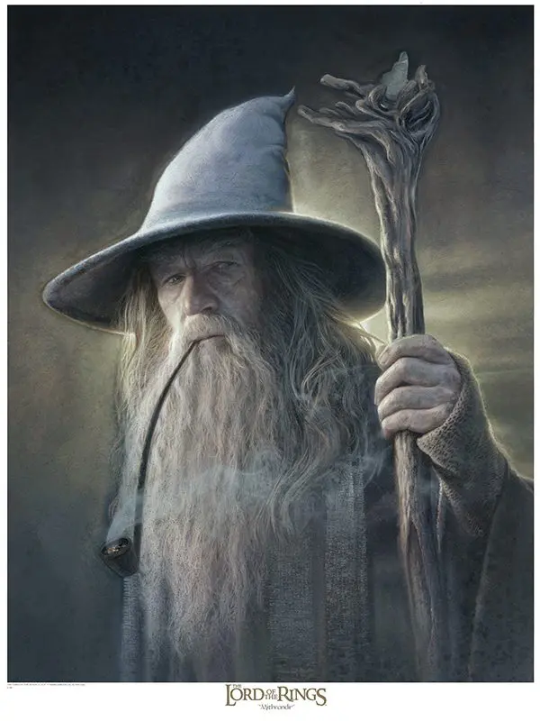 A painting of gandalf the grey holding a staff.