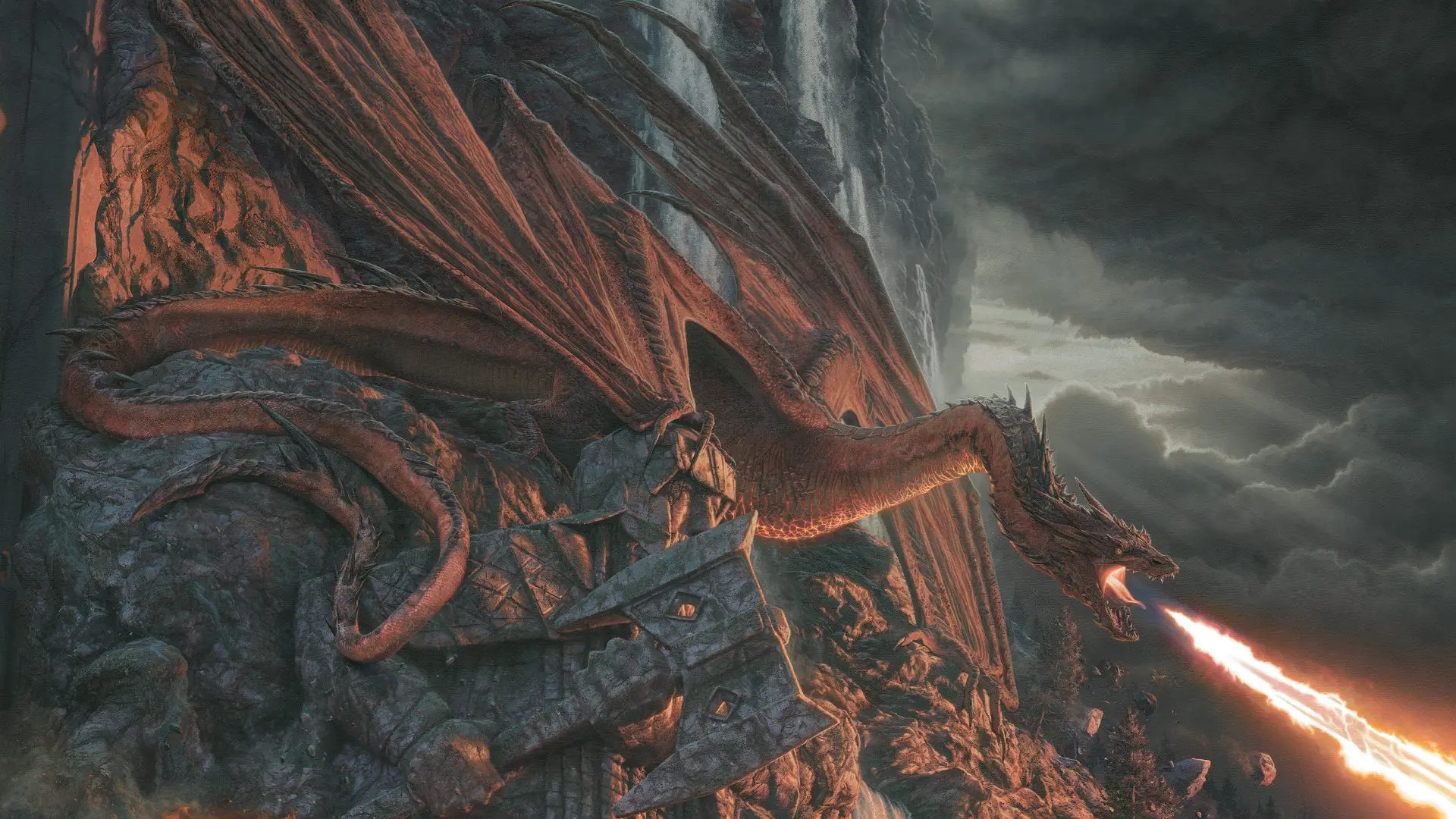 A dragon is flying over the rocks in front of some mountains.