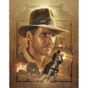 A "Pursuit of the Ark- Indiana Jones" poster with a man riding a horse.