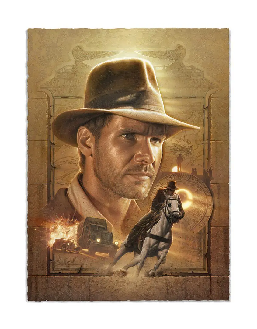 A "Pursuit of the Ark- Indiana Jones" poster with a man riding a horse.