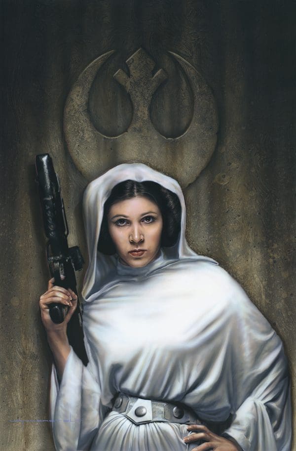 A painting of a star wars character holding a gun.