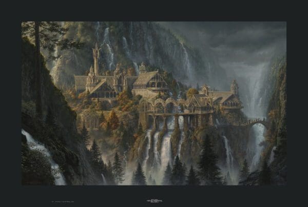 A painting of a castle in the mountains.