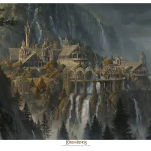 A painting of a castle in the middle of a waterfall.