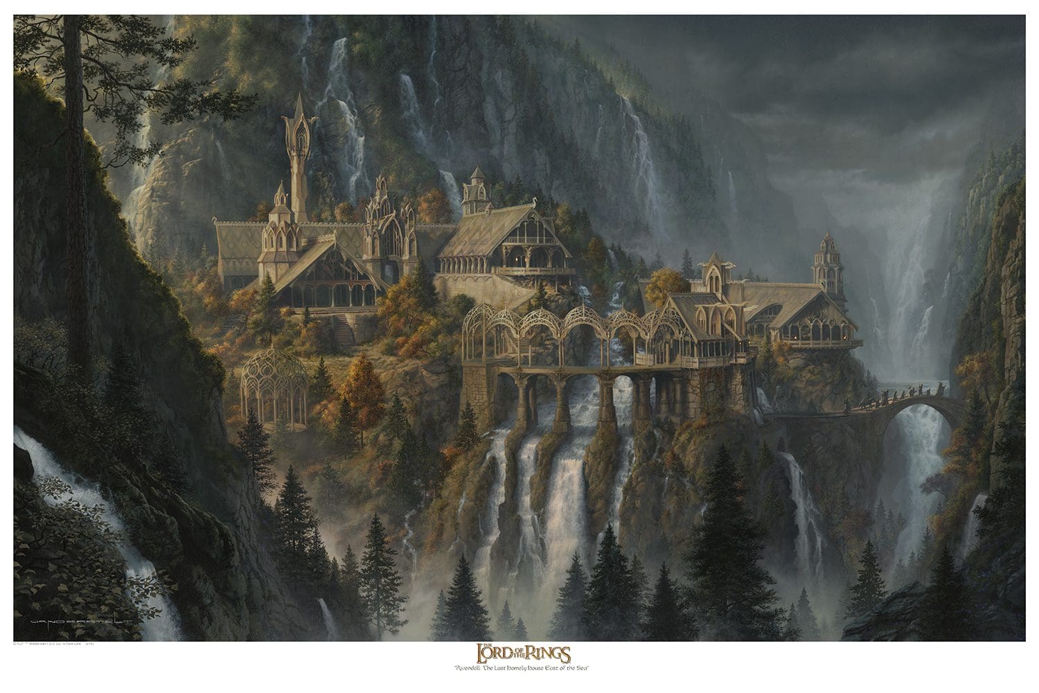 A painting of a castle in the middle of a waterfall.