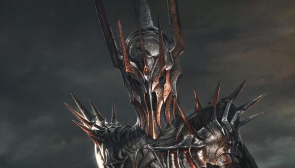 A close up of the face of sauron