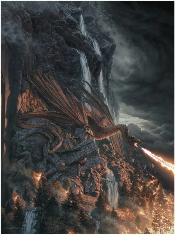 A dragon is flying over the mountains in a painting.
