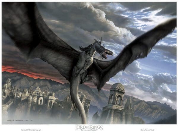 A painting of a dragon flying over a city.