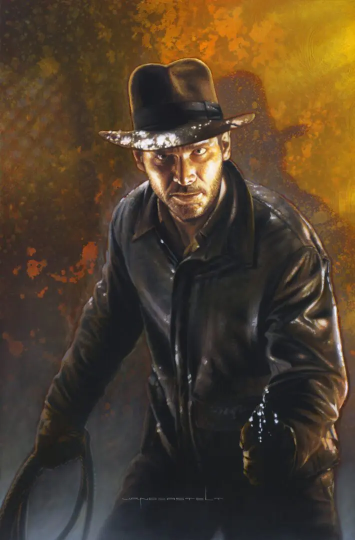 A painting of indiana jones in leather jacket and hat.