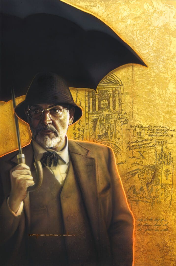 A painting of a man holding an umbrella.