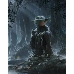 A painting of yoda in the woods