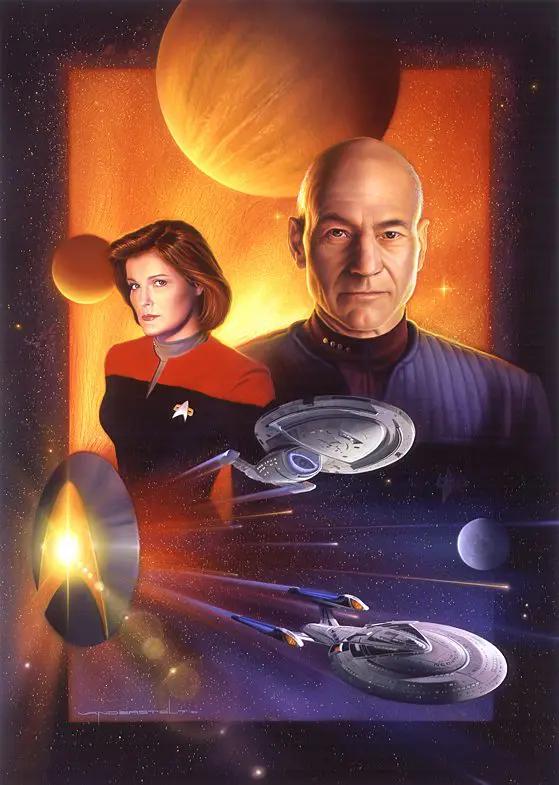 A poster of star trek with two people in front of a spaceship.