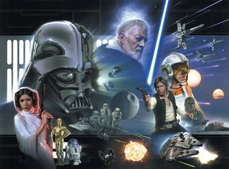 A collage of star wars characters and their vehicles.