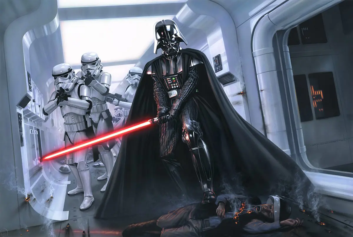 A painting of darth vader and stormtroopers.