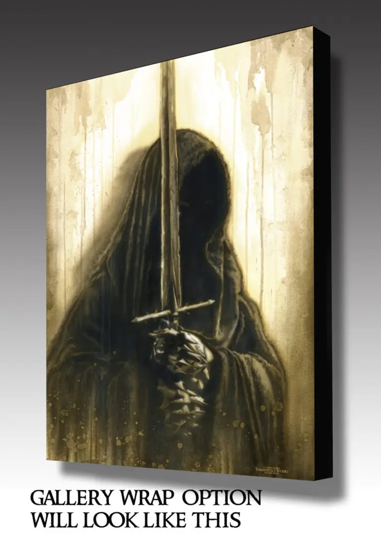 A painting of a person holding a sword