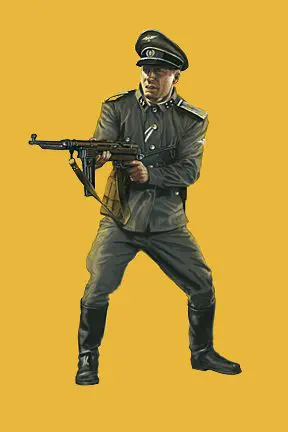 A soldier holding a gun on a yellow background.