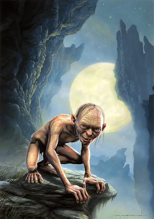 A painting of a hobbit sitting on top of a rock.