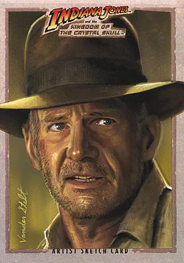 An indiana jones sketch card with an image of a man in a hat.