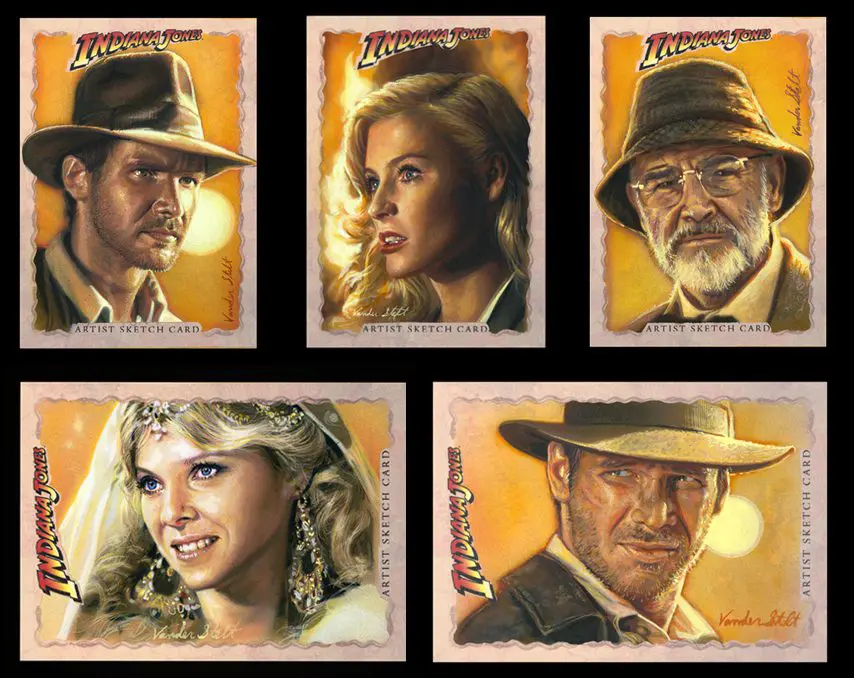 A series of paintings of indiana jones and his family.