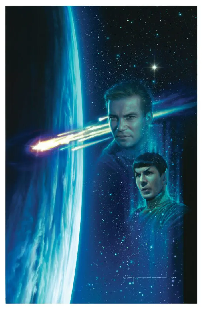 A poster of star trek with two men in space.
