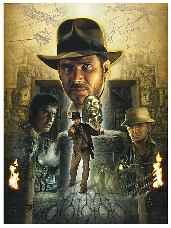 A painting of indiana jones and his crew.