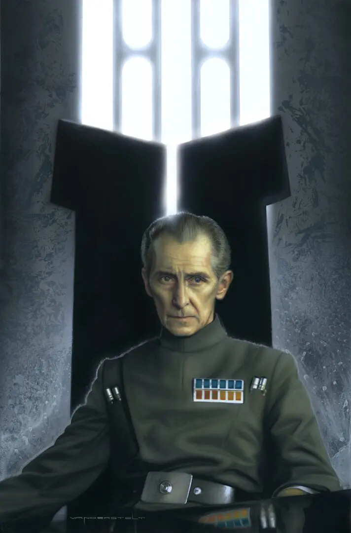 A painting of a star wars character sitting in a chair.