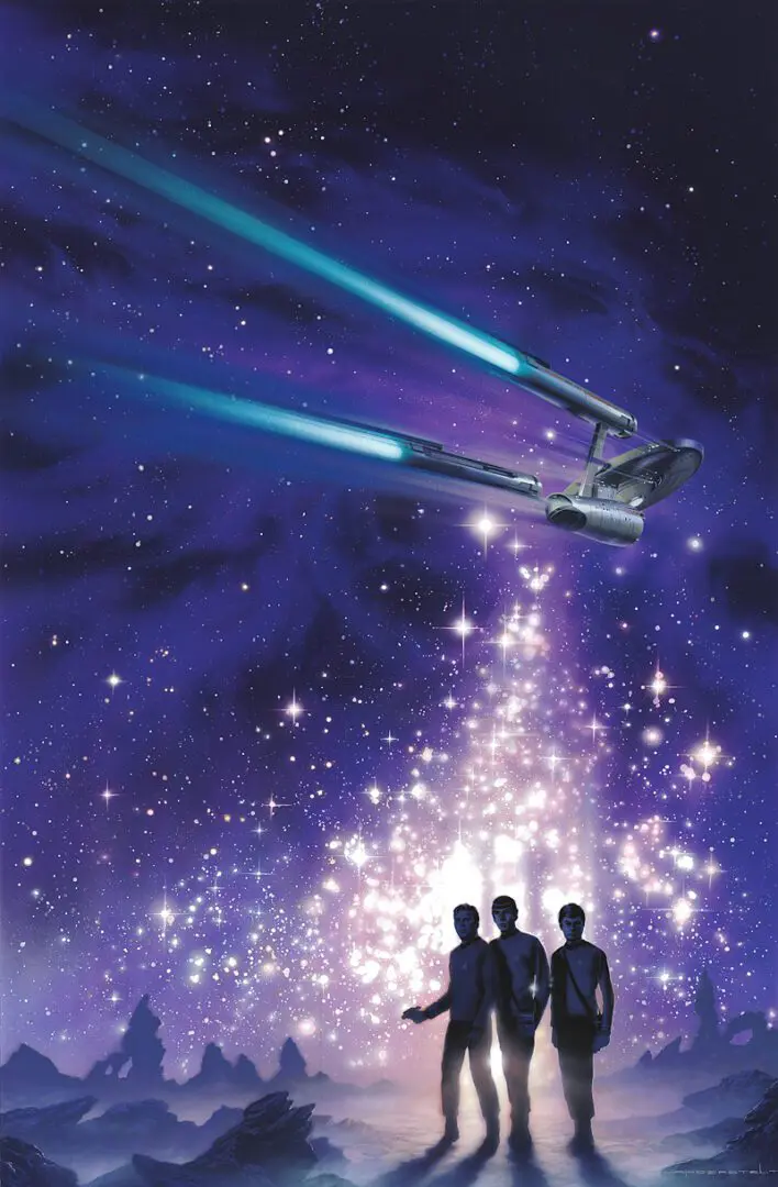 A poster for star trek, with three men standing in front of a star.