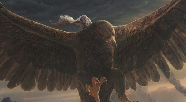 A painting of an eagle with its wings spread.