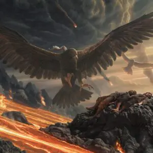 A painting of an eagle flying over lava