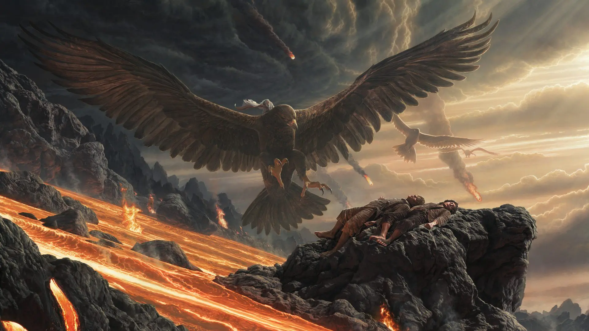 A painting of an eagle flying over lava