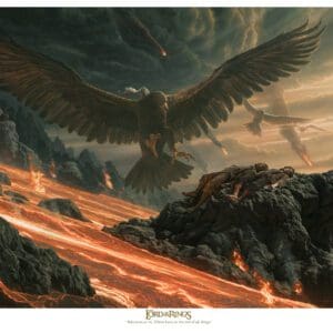 A Salvation at Mount Doom Giclee Print of an eagle flying over a mountain.